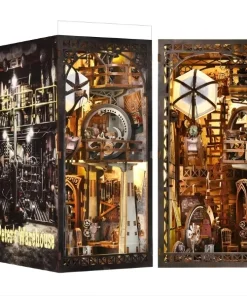 Book nook en bois au design steampunk avec éclairage LED intégré, engrenages détaillés et montgolfière miniature