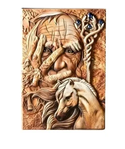 Couverture de carnet en cuir sculpté représentant un vieux mage avec son bâton magique et un cheval galopant, style grimoire fantastique.