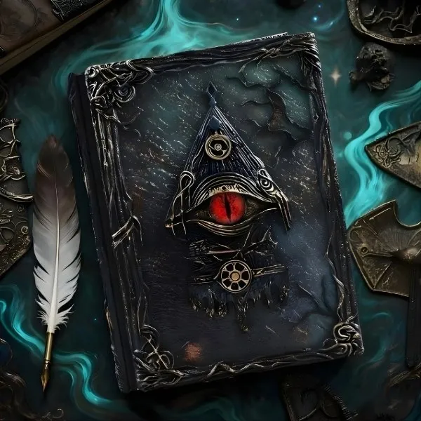 Carnet grimoire magique avec couverture en relief 3D arborant un œil de dragon rouge réaliste. Design fantastique sombre aux finitions argentées, accompagné d'une plume d'écriture sur un fond mystique turquoise. Format A5 rechargeable pour journal intime ou jeu de rôle.