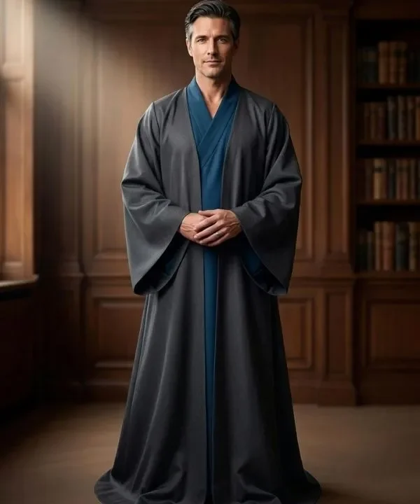 Alternative view of Costume Professeur école de magie : Robe kimono verte et tunique bleue