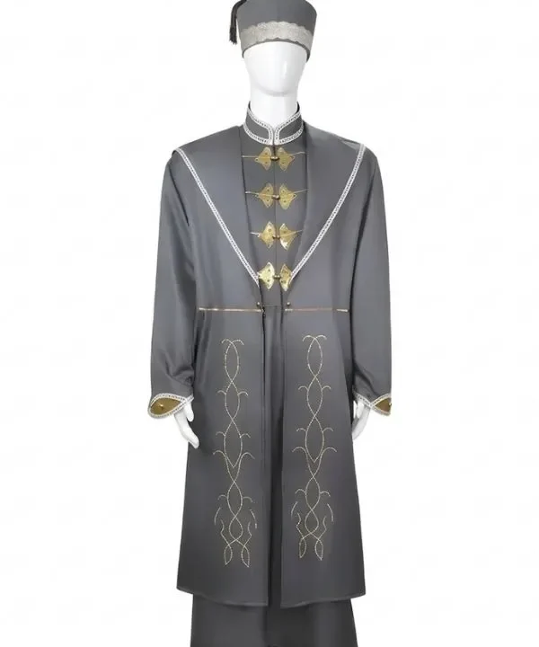 Costume Magicien Dumbledore gris or 3 pièces : tunique brodée, brandebourgs et chapeau.