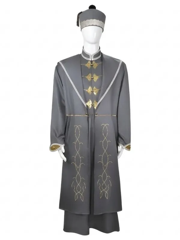 Costume Magicien Dumbledore gris or 3 pièces : tunique brodée, brandebourgs et chapeau.