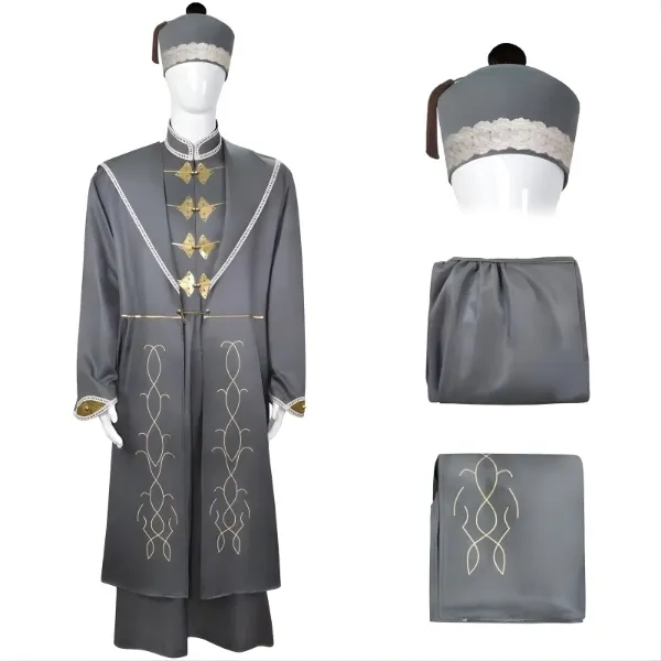 Costume Magicien Dumbledore gris or 3 pièces : tunique brodée, brandebourgs et chapeau.