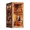 Book nook en bois représentant la garde-robe d'une duchesse avec étagères de livres, vêtements miniatures et éclairage LED chaleureux pour décoration de bibliothèque