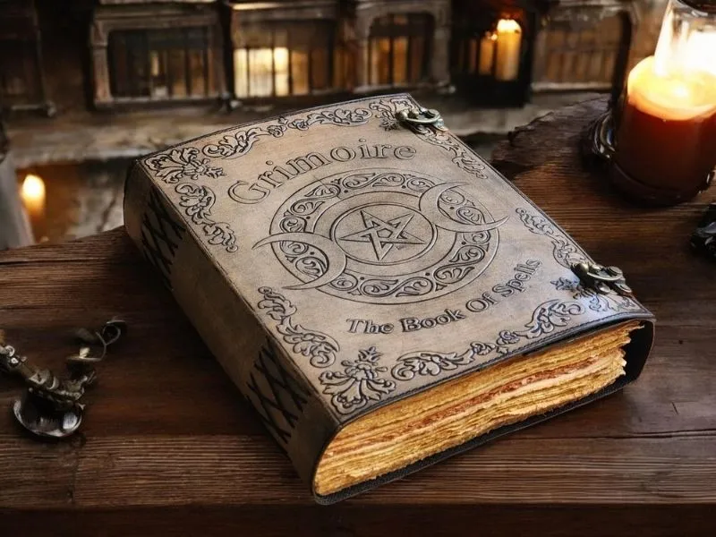 grimoire magique cuir ancien livre sorts fantastique