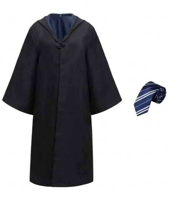 Panoplie complète Apprenti Sorcier : robe noire Poudlard, blason maison et cravate assortie bleu .