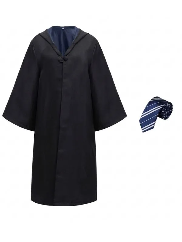Panoplie complète Apprenti Sorcier : robe noire Poudlard, blason maison et cravate assortie bleu .