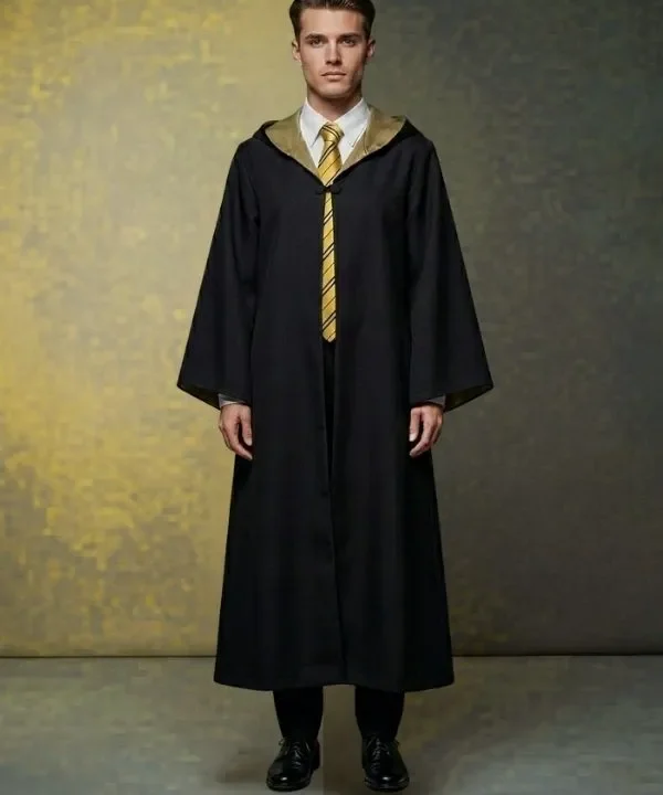 Alternative view of Robe sorcier noire, capuche, cravate jaune