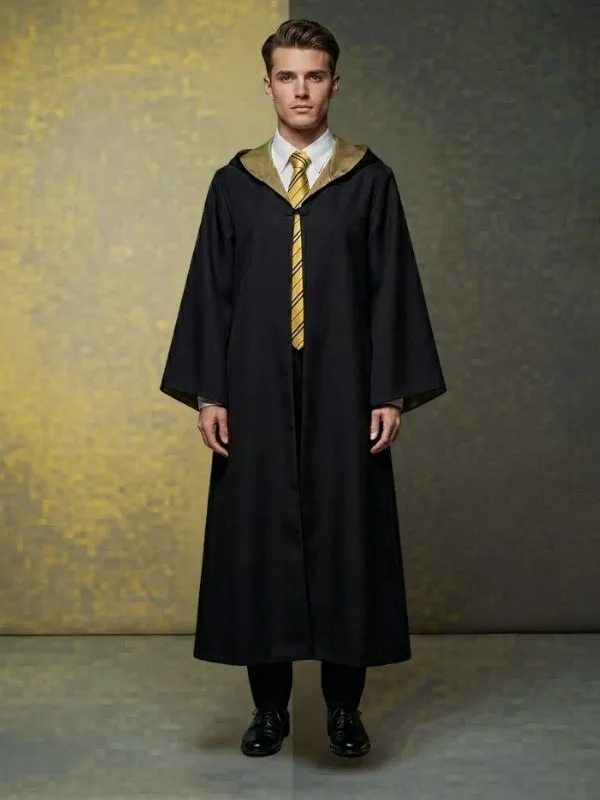 Alternative view of Robe sorcier noire, capuche, cravate jaune