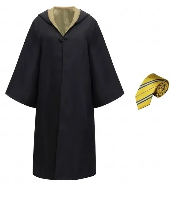 Panoplie complète Apprenti Sorcier : robe noire Poudlard, blason maison et cravate assortie jaune .