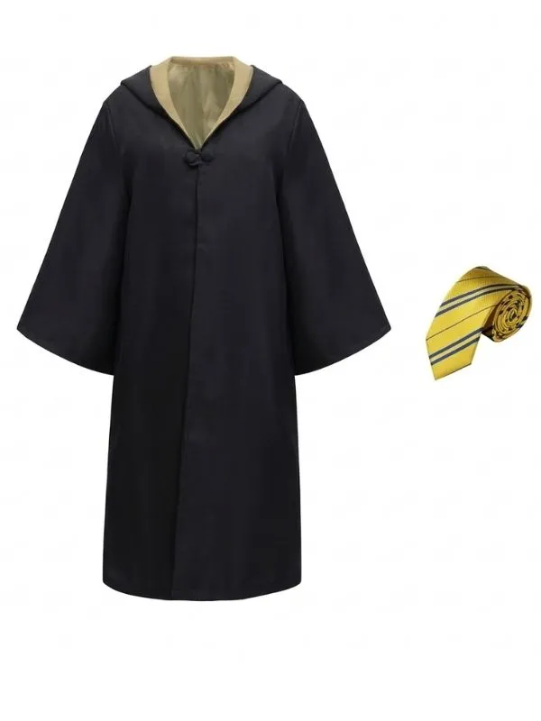 Panoplie complète Apprenti Sorcier : robe noire Poudlard, blason maison et cravate assortie jaune .
