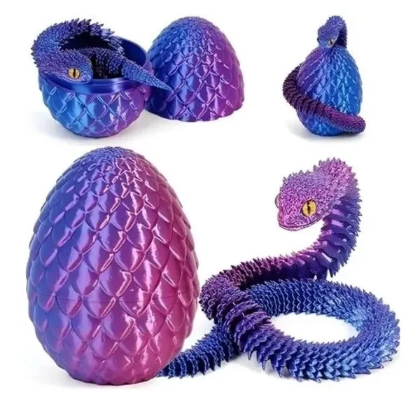 Serpent articulé violet iridescent et œuf de dragon impression 3D PLA Silk.