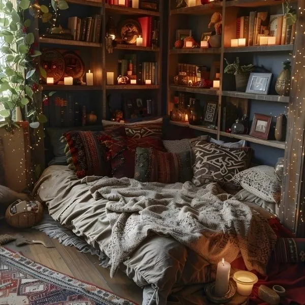 Lit de jour cosy avec plaids et guirlandes dans une bibliothèque sombre.