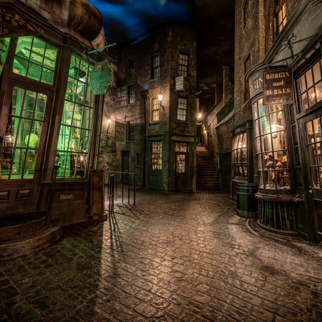 Boutiques du Chemin de Traverse avec vitrines éclairées et pavés, décor de film Harry Potter.