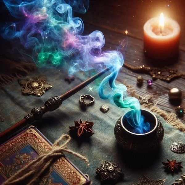 Baguette de sorcier en bois sculpté avec fumée magique multicolore et bougie allumée sur table d'alchimie.