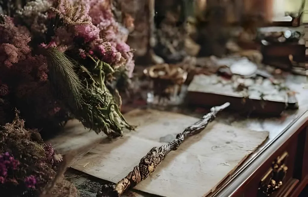 Baguette magique rustique en bois flotté posée sur un vieux parchemin avec fleurs séchées, style esthétique Witchcore.