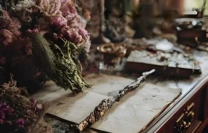 Baguette magique rustique en bois flotté posée sur un vieux parchemin avec fleurs séchées, style esthétique Witchcore.