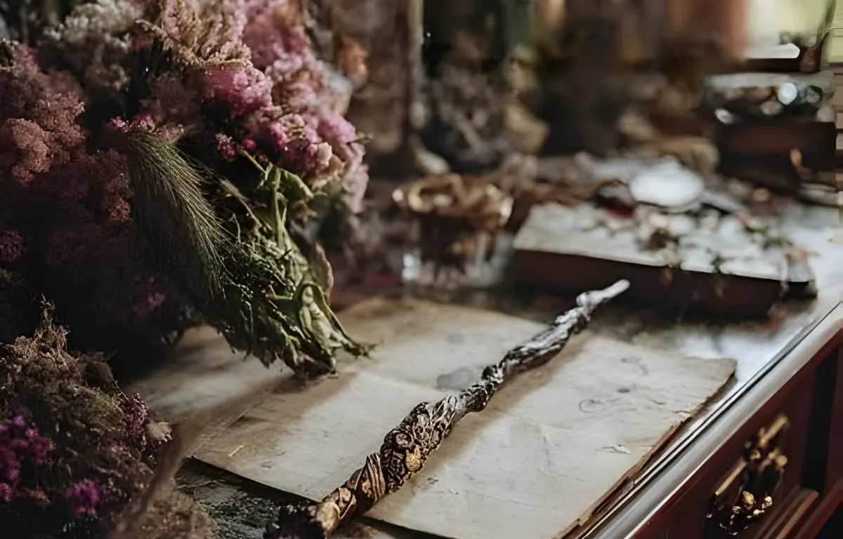 Baguette magique rustique en bois flotté posée sur un vieux parchemin avec fleurs séchées, style esthétique Witchcore.