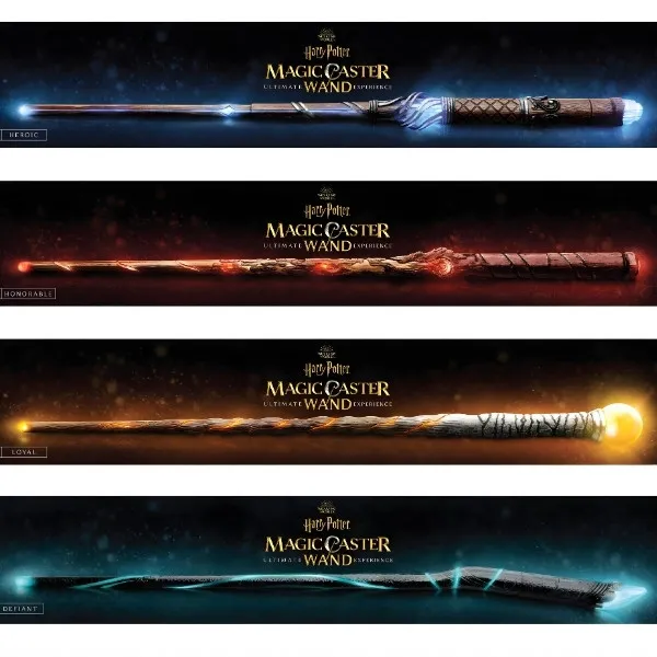 Guide des types de baguettes magiques avec effets d'aura élémentaire : glace, feu, lumière et ombre.