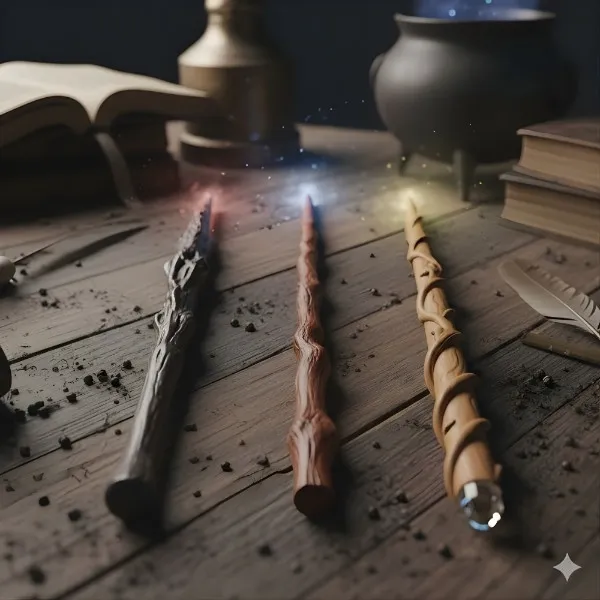 Trois modèles de baguettes magiques en bois de chêne et de hêtre posées sur une table d'alchimiste avec chaudron et grimoires.