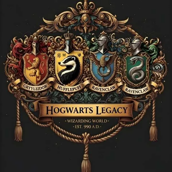 Affiche officielle Hogwarts Legacy L'Héritage de Poudlard avec les quatre blasons réunis
