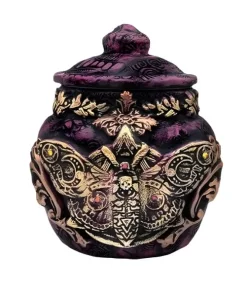 Pot de potion décoratif violet prune sculpté, papillon Sphinx tête de mort doré.