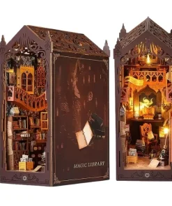 Maquette en bois DIY Book Nook Magic Library avec éclairage LED, serre-livres miniature style bibliothèque magique pour décoration d'étagère.