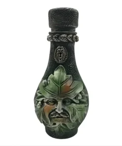 Bouteille décorative sculptée avec le visage de l'Homme Vert et des motifs de feuilles de chêne