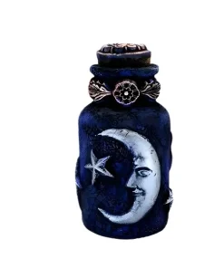Fiole de sorcière "Nuit Étoilée" en résine bleu nuit, lune et étoile argentée gravées.
