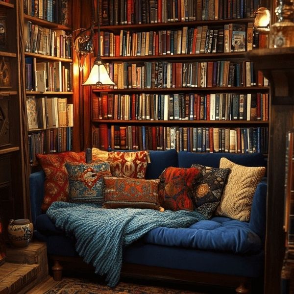 Salon de bibliothèque chaleureux avec canapé bleu et coussins colorés.