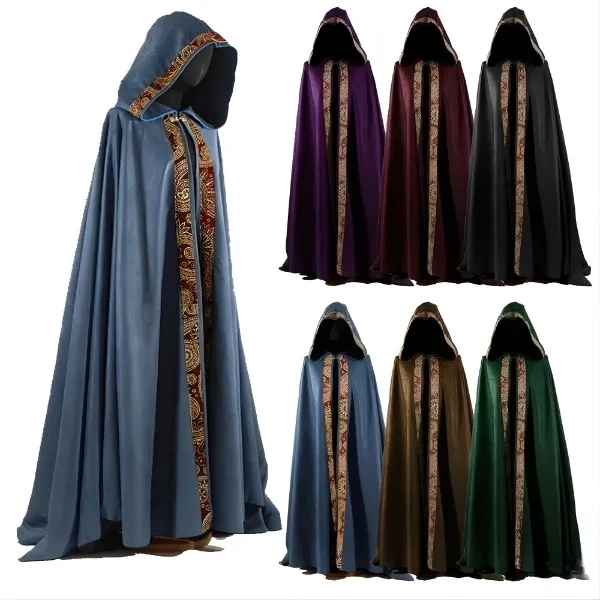 Cape de sorcier à capuche pour adulte avec bordures brodées or et gris, disponible en plusieurs coloris pour costume de magicien ou cosplay médiéval fantastique.