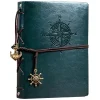 Carnets de voyage cuir vert vintage, rose des vents et breloques nautiques.