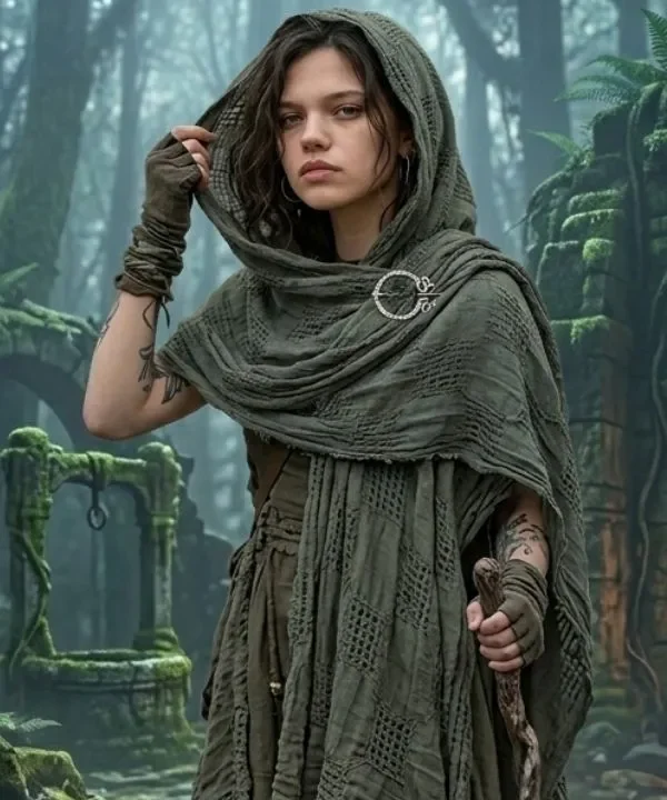 Grande écharpe à capuche vert olive en coton texturé style médiéval et fantastique