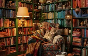 Fauteuil à motifs devant des étagères de livres vertes sous une lampe chaude.