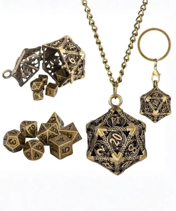 Collier pendentif en forme de dé D20 ciselé en bronze antique s'ouvrant pour contenir un mini set de dés polyédriques pour jeu de rôle.