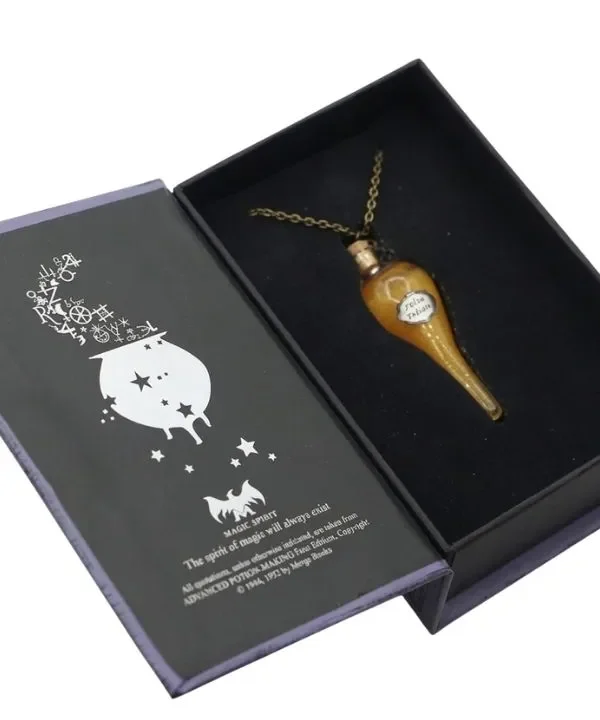 Collier pendentif fiole Felix Felicis dorée, chaîne argentée, dans coffret grimoire Harry Potter.