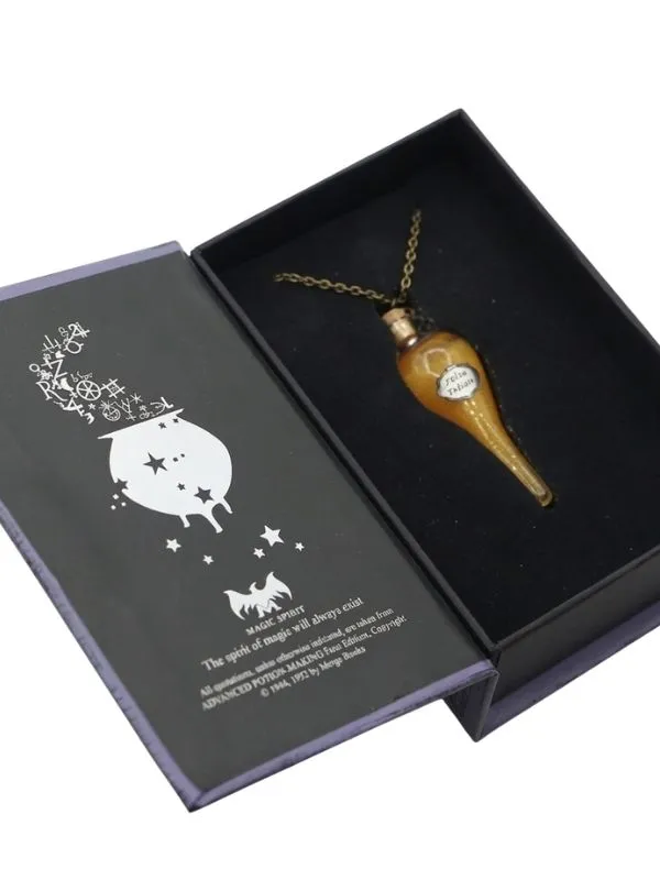 Collier pendentif fiole Felix Felicis dorée, chaîne argentée, dans coffret grimoire Harry Potter.