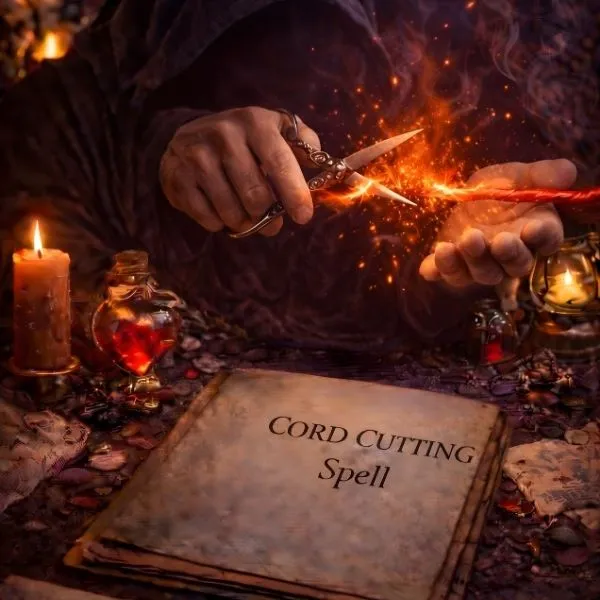 Rituel de magie "Cord Cutting Spell" avec ciseaux coupant un lien enflammé, bougies et grimoire de rituels.