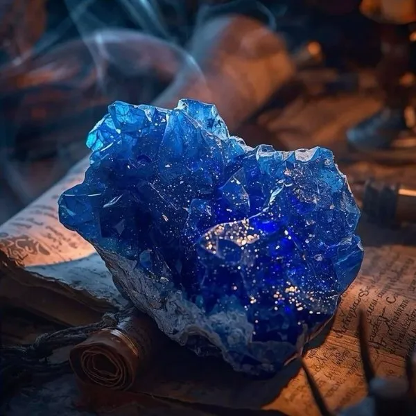 Amas de cristal bleu intense posé sur un ancien grimoire ouvert avec des parchemins et de la fumée mystique.
