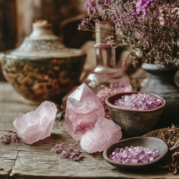Cristaux de quartz rose brut disposés sur une table en bois avec un bol de sel de bain, de la lavande et des accessoires de rituel spirituel.