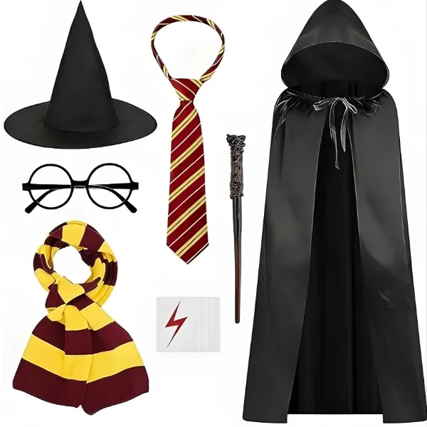 Kit de déguisement Harry Potter : robe de sorcier, baguette magique, lunettes rondes, écharpe et cravate Gryffondor.
