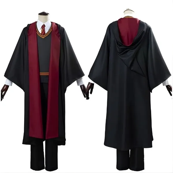 Cape de sorcier Harry Potter noire doublure bordeaux vue de face et de dos pour costume adulte.