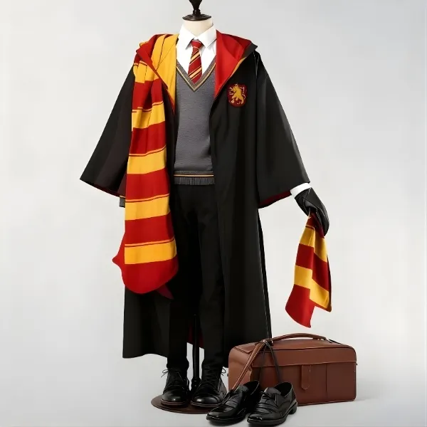 Uniforme complet Gryffondor sur mannequin avec pull gris, écharpe, chaussures et valise de voyage Poudlard.