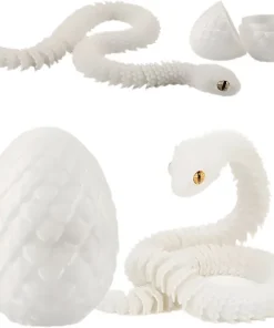 Serpent articulé blanc iridescent et œuf de dragon impression 3D PLA Silk.