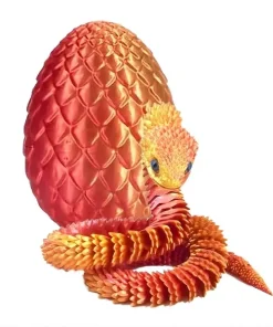 Serpent articulé rouge iridescent et œuf de dragon impression 3D PLA Silk.