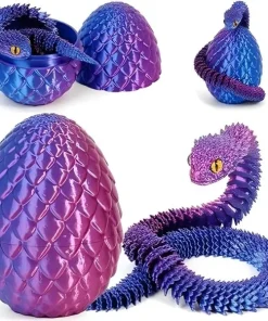 Serpent articulé violet iridescent et œuf de dragon impression 3D PLA Silk.