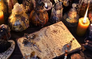 Grimoire ouvert entouré de potions magiques, de bougies allumées et d'objets rituels anciens sur une table en bois dans une ambiance mystique