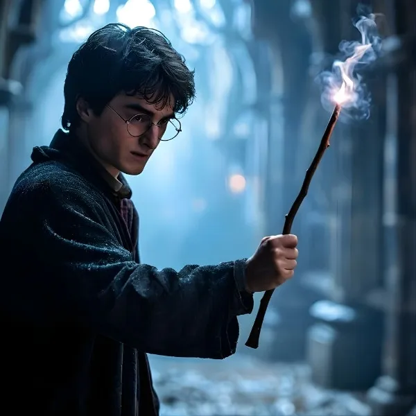 Harry Potter utilisant une baguette magique avec fumée enchantée dans une salle de classe de Poudlard.