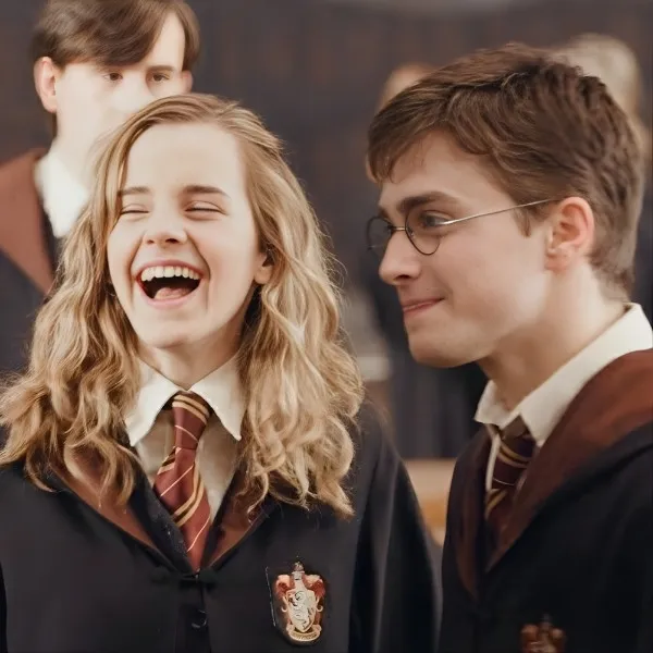Hermione Granger et Harry Potter en uniforme de Gryffondor riant ensemble dans la Grande Salle de Poudlard.