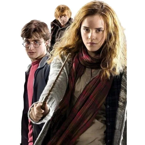 Harry Potter, Hermione Granger tenant sa baguette et Ron Weasley dans une scène du film Les Reliques de la Mort